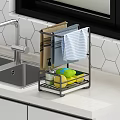 Stainless Steel Kitchen Towel Rack with Storage for Cleaning Supplies and Fresh Lemons Near Sink