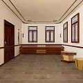 Traditional Chinese Entrance Featuring Red Door Golden Decor Lanterns Black Walls Yellow Patterns Checkered Floor