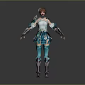 Game And Movie Character With Brown Short Hair Blue And White Outfit Armor Elements Fantasy Style