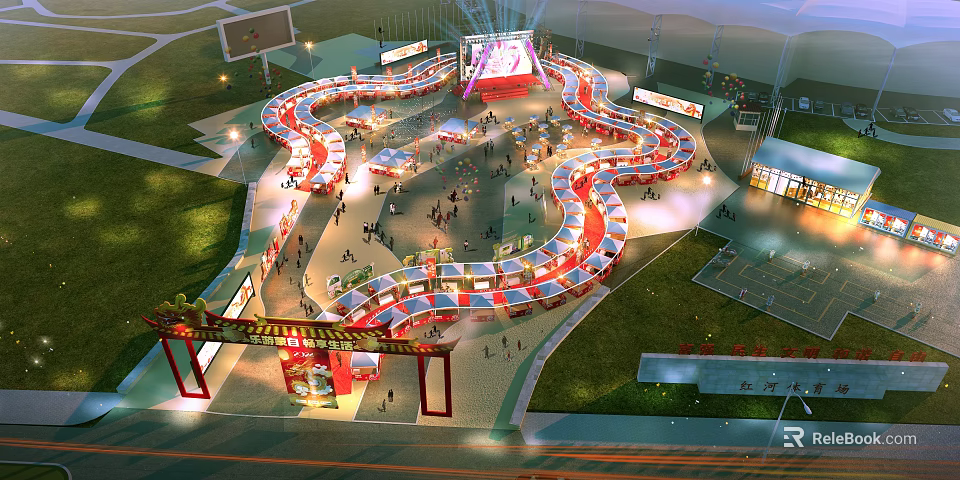 Vibrant Event Gate With Curved Booths Bright Lighting And Crowd In Night Scene 3d model 