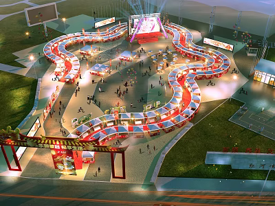 Vibrant Event Gate With Curved Booths Bright Lighting And Crowd In Night Scene 3d model