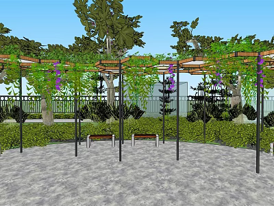 Outdoor Pergola Covered With Green Vines And Purple Flowers With Wooden Benches And Stone Floor 3d model