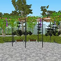 Outdoor Pergola Covered With Green Vines And Purple Flowers With Wooden Benches And Stone Floor