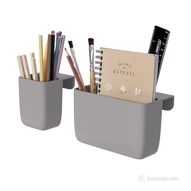 Wall Mounted Storage Organizer With Colored Pencils Brushes Notebook And Ruler 3d model 