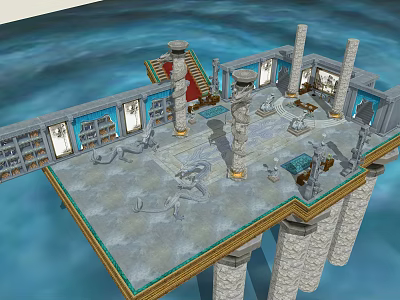 Ancient Architecture Structure On Elevated Platform With Stone Columns Blue Water Bookshelves And Red Carpet 3d model