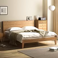 Wooden Double Bed Frame with Linen Sheets Throw Blanket Nightstand Lamp Dresser and Natural Light