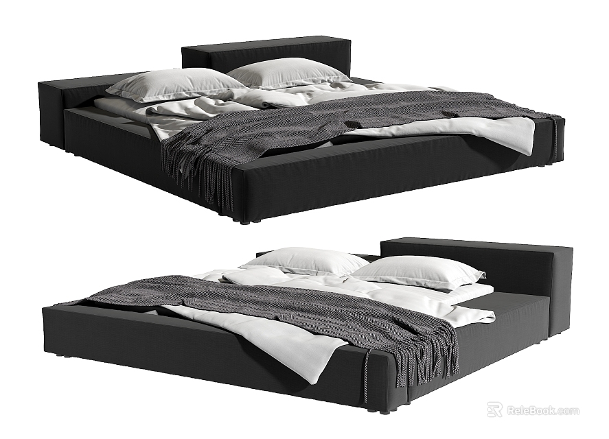 Modern Black Double Bed With Minimalist Design White Pillows And Gray Blanket 3d model 