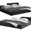 Modern Black Double Bed With Minimalist Design White Pillows And Gray Blanket