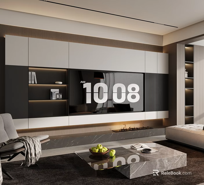 Modern Living Room Interior With TV Wall Cabinets Bookshelves Sofa And Coffee Table With Fruits 3d model 