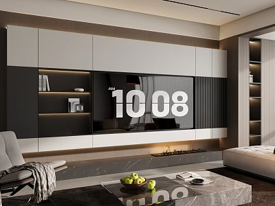 Modern Living Room Interior With TV Wall Cabinets Bookshelves Sofa And Coffee Table With Fruits 3d model
