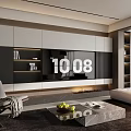 Modern Living Room Interior With TV Wall Cabinets Bookshelves Sofa And Coffee Table With Fruits