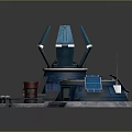 Futuristic Sci Fi Building Exterior With Blue Circular Base Antenna And Red Equipment