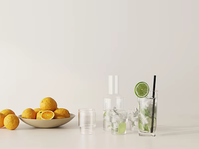 Sliced and Whole Oranges in Bowl with Glass of Ice Cubes Lime Slice and Straw 3d model