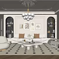Elegant Living Room Interior With Beige Sofa Round White Chandelier And Black White Geometric Rug