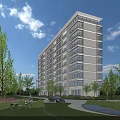 Modern High Rise Residential Building with Lush Green Trees Lawn Deer Sculptures Under Blue Sky
