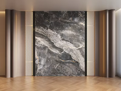 Elegant Modern Interior With Marble Feature Wall Grid Screens And Herringbone Floor 3d model
