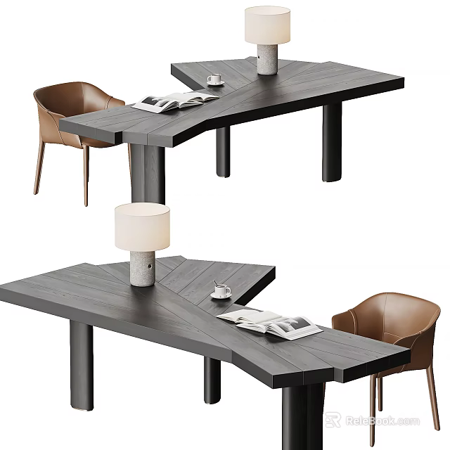 Modern Black Desk With Table Lamp Magazines Cup And Brown Chair 3d model 