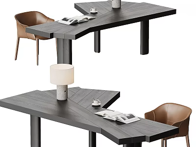 Modern Black Desk With Table Lamp Magazines Cup And Brown Chair 3d model