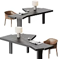 Modern Black Desk With Table Lamp Magazines Cup And Brown Chair