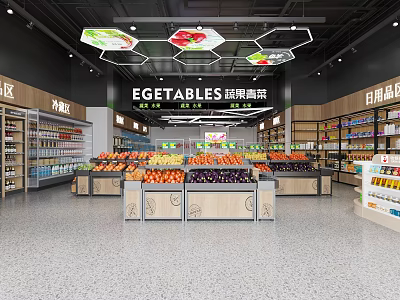 Supermarket Daily Necessities Store With Fresh Fruit Vegetable Section And Organized Shelves 3d model
