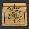 Vintage Wooden Drawer Box With Hand Painted Floral Patterns And Metal Handles