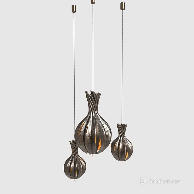 Three Piece Onion Shaped Metallic Pleated Chandeliers Hanging With Warm Light Glow For Modern Decor 3d model 