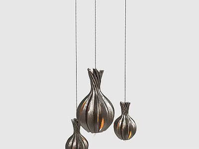 Three Piece Onion Shaped Metallic Pleated Chandeliers Hanging With Warm Light Glow For Modern Decor 3d model