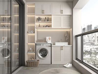 Functional Home Balcony With Washing Machine Sink White Cabinets Open Shelves And City View 3d model