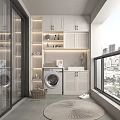 Functional Home Balcony With Washing Machine Sink White Cabinets Open Shelves And City View