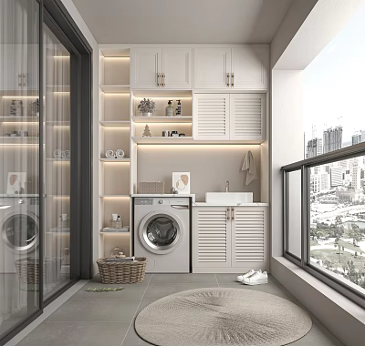 Functional Home Balcony With Washing Machine Sink White Cabinets Open Shelves And City View 3d model