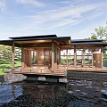 Wooden Pergola in Modern Outdoor Garden with Open Design Stone Path Greenery and Trees