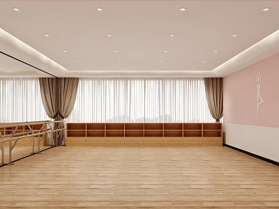Bright Dance Studio With Wooden Floor Ballet Barres And Cabinets 3d model
