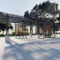 Modern Black Metal Pergola with Glass Panels in Tree Surrounded Paved Square