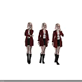 Three Women with Pink Hair Red Coats White Tops Black Skirts Black Boots Different Poses