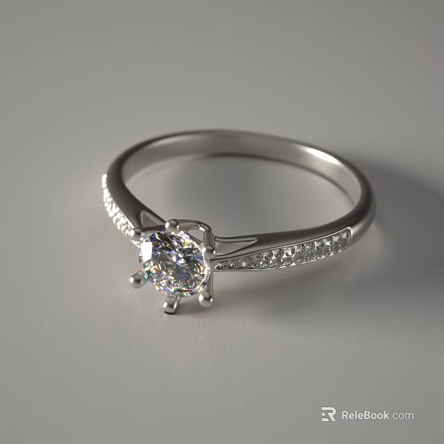Elegant Silver Diamond Ring With Central Sparkling Gem And Side Stones 3d model 