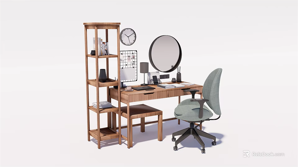 Wooden Desk with Wooden Bookshelf Wall Clock Round Mirror Table Lamp Computer and Ergonomic Chair 3d model 