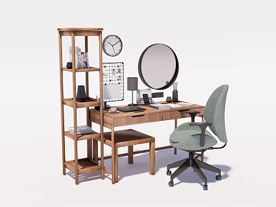 Wooden Desk with Wooden Bookshelf Wall Clock Round Mirror Table Lamp Computer and Ergonomic Chair 3d model