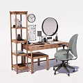 Wooden Desk with Wooden Bookshelf Wall Clock Round Mirror Table Lamp Computer and Ergonomic Chair