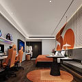 Modern Hotel Guest Room With Twin Beds Orange Decor Geometric Pattern Wall And Wooden Flooring