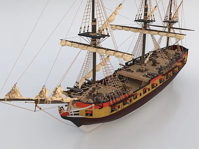 Detailed 3D Sailing Ship Model With Tall Masts White Sails And Intricate Hull Design 3d model
