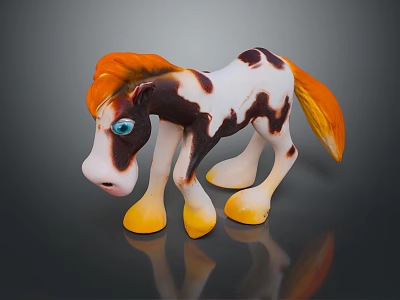 Colorful Brown And White Spotted Toy Horse With Orange Mane Tail Blue Eyes Yellow Hooves 3d model