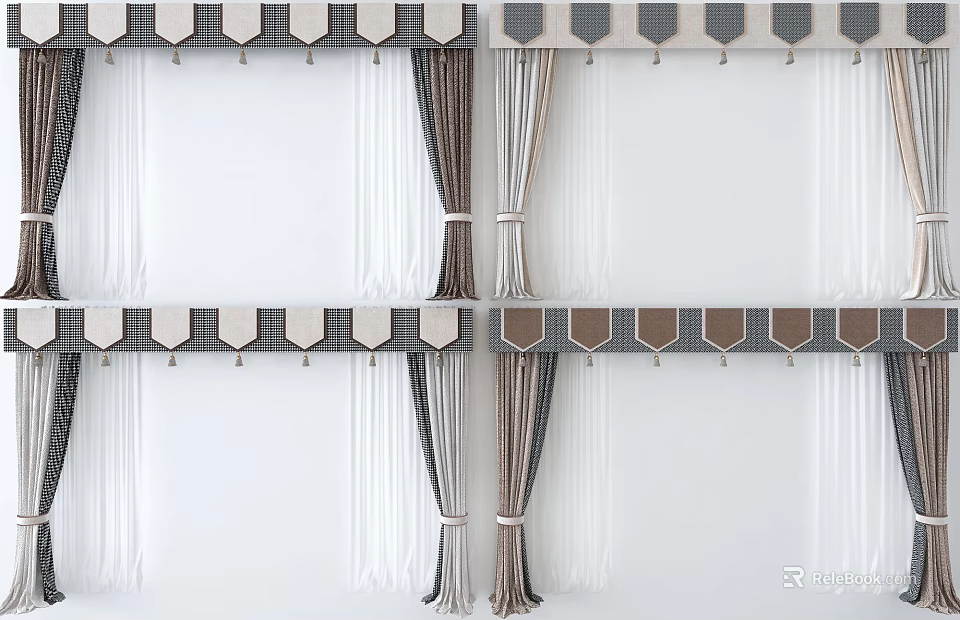 Stylish Curtains With Gray Brown Stripes White Sheer And Decorative Valance 3d model 