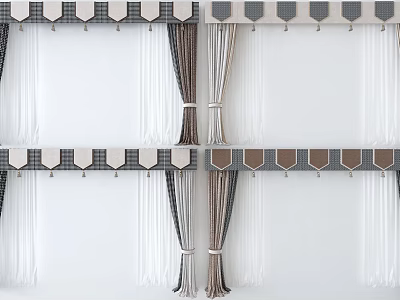 Stylish Curtains With Gray Brown Stripes White Sheer And Decorative Valance 3d model