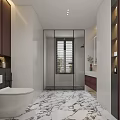 Modern Bathroom Interior Design With Glass Shower Enclosure Marble Floor And Large Mirror