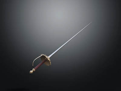Traditional Weapon Long Slender Sword With Red Hilt And Golden Decoration On Dark Background 3d model