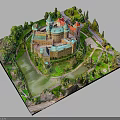 Elaborate Castle Architecture Model With Lush Green Trees Scenic Lake And Winding Path