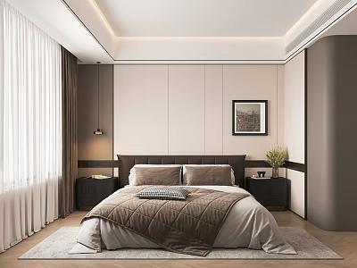 Modern Minimalist Bedroom Interior With King Bed Nightstands Framed Picture And Ceiling Light Strips 3d model