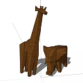 Geometric Wooden Animal Dolls Giraffe and Elephant with Simple Design on Table White Wall Background