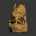 Golden Bull Sculpture with Prominent Horns Standing on Detailed Rock Base
