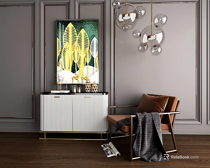 Modern Elegant Console Side Cabinet Design With White Panel Doors Gold Legs And Leather Chair 3d model 